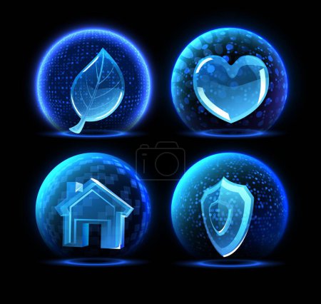 Conjunto de cuatro brillantes escudos de esfera digital con temas de eco, amor, hogar y seguridad. Ilustración vectorial para conceptos de protección futurista.