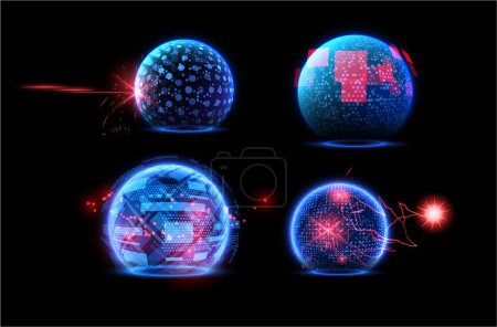 Glühende blaue Kugeln schirmen mit roten Funkeln, Strahlen und Blitzvektorset ab. Leuchtende abstrakte Energiesparhalbkugel. Dome Barriere digitale Technologie. Streitkräfteverteidigungskugel