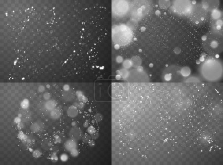 Ensemble magique de Noël avec quatre illustrations vectorielles avec de la poussière scintillante et des reflets bokeh blancs. Effets de lumière abstraits sur des milieux distincts.