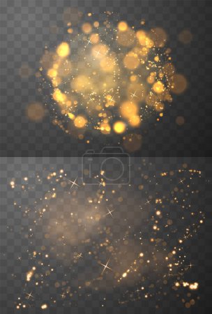A set of magical gold overlays on a Christmas theme. Abstract vector backgrounds with sparkling dust and stars with bokeh light effect on isolated background.