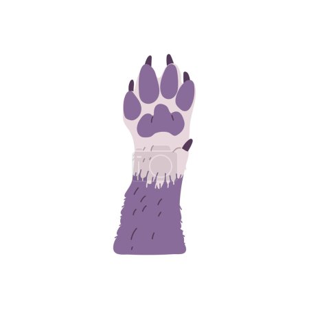 Dog fluffy paw open palm raised up gesture. Cute canine footprint, claws and feet toes. Cartoon vector illustration of pet furry foot, animal hand greeting sign isolated