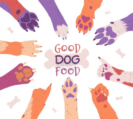 Vector banner with an empty space for text with a round frame of cute dog paws An illustration on the theme of pets in a playful cartoon style. Ideal for dog food banner