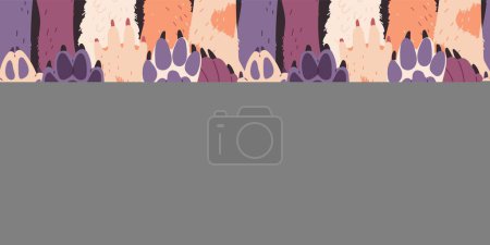 Animal paws seamless pattern cartoon vector illustration. Cute dog or cat fluffy paws open palm raised up gesture. Children background design with pets furry foots, animal hand greeting sign