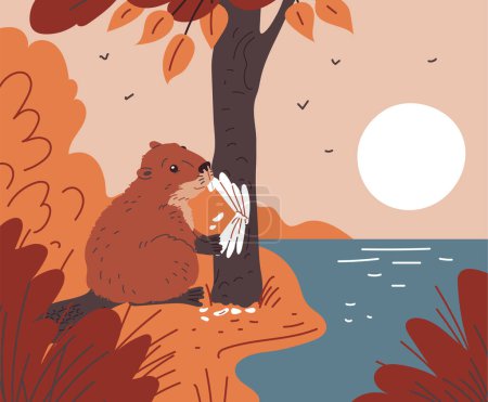 A cheerful beaver in the forest is gnawing on a tree against the background of the sun and the river. A vector illustration of a nature carpenter, cartoon style