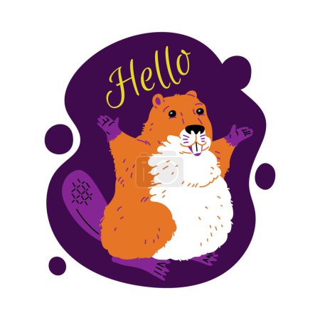 Cute beaver greeting with lettering Hello flat vector illustration. Cartoon wild animal raised his paws up. Funny semiaquatic rodent. Fauna childish design card, purple decorative frame