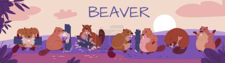 Cute beavers chewing wood on the river flat vector illustration. Cartoon wild rodent animals set eating, gnawing tree trunk, sleeping, greeting. Fauna nature banner design