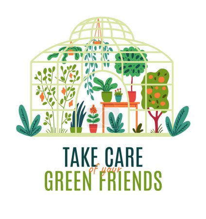 Illustration vectorielle vibrante d'une serre en forme de dôme remplie d'une variété de plantes, accompagnée de la phrase de motivation "Prenez soin de vos amis verts."