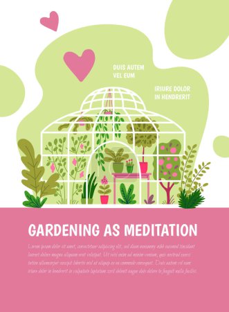 A captivating vector poster depicting a greenhouse filled with diverse plants, titled "Gardening as Meditation," set against a whimsical abstract background with playful hearts and gentle curves