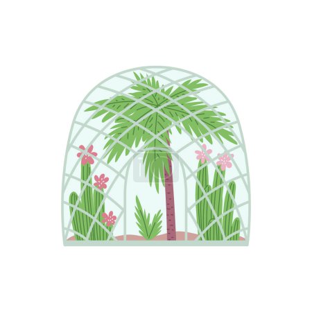 Ilustración de Encantadora ilustración vectorial de un invernadero en forma de cúpula con una palmera alta, rodeada de exuberante follaje y flores rosadas florecientes, todas contenidas en un espacio tranquilo y acristalado - Imagen libre de derechos