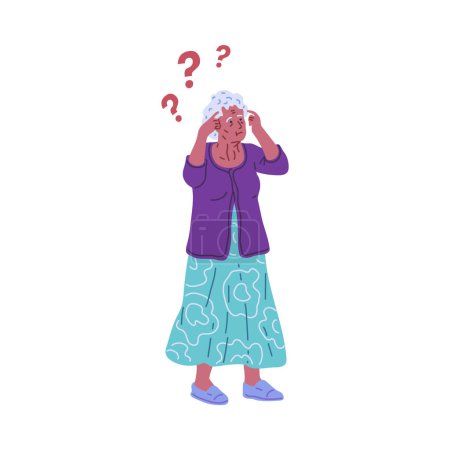 Alzheimer dementia illness disease old female patient. Elderly confused woman with memory loss and questions mark around. Brain disease amnesia in pensioner. Cartoon trying remember vector character