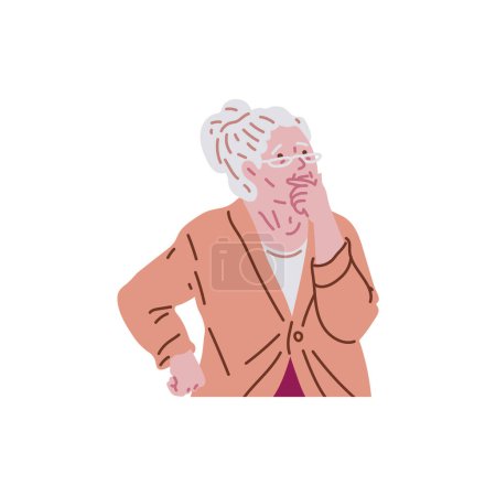 Elderly woman with a worried expression, covering her mouth in thought. Vector illustration of a senior showing signs of confusion or memory loss.