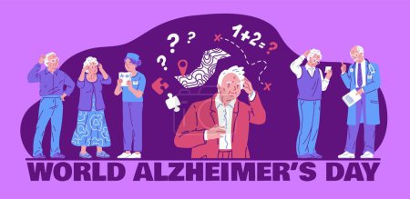 World Alzheimers day awareness vector poster. Dementia disease old patients on doctor diagnostics. Elderly people confused trying remember, memory loss. Brain disease amnesia in pensioner