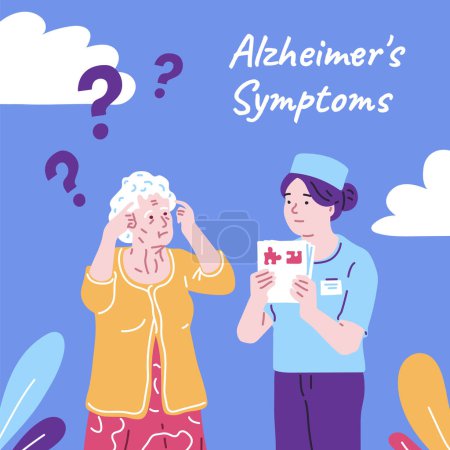 Alzheimers symptoms vector poster. Dementia disease old female patient on doctor diagnostics. Elderly woman confused trying remember, memory loss. Brain disease amnesia in pensioner