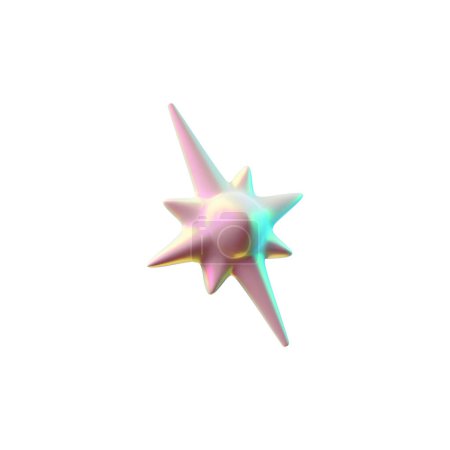 Téléchargez les illustrations : Une brillante étoile 3D à huit branches avec un effet holographique surréaliste. Illustration vectorielle d'une figure métallique rose irisé sur fond blanc. - en licence libre de droit