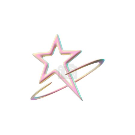 Stylish 3D Y2K icon featuring a star with an orbit ring, rendered in shimmering iridescent pastel tones. Ideal vector illustration for nostalgic and for 90s and 00s designs