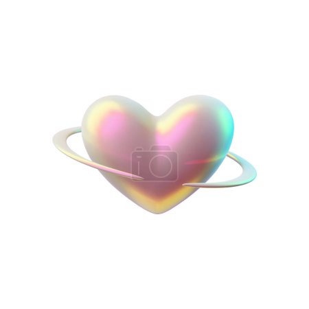 Heart-shaped 3D Y2K icon encircled by a sleek ring, showcasing a lustrous iridescent finish. This vector illustration blends romantic elements with a futuristic, nostalgic Y2K aesthetic, 90s and 00s