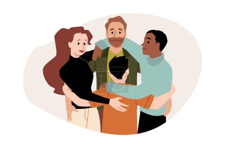 Grupo abrazo vector ilustración plana. Dibujos animados diversos hombres felices y mujeres abrazándose juntos. Equipo de amigos multirraciales abrazándose en círculo aislado en blanco. Concepto empatía y apoyo