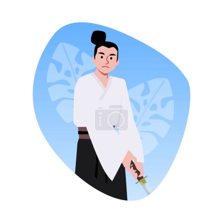Samurai-Krieger mit einer flachen Abbildung eines Schwertvektors. Japanischer Samurai-Kämpfer mit Katana-Waffe. Karikatur orientalischer Shogun in Bushidos traditioneller Kleidung isoliert auf dekorativem blauen floralen Hintergrund