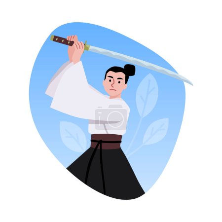 Eine Vektorillustration im Cartoon-Flachstil, die einen Samurai in Kampfpose mit einer Katana in den Händen in einem traditionellen Kimono auf blauem Hintergrund mit dekorativen Blättern zeigt