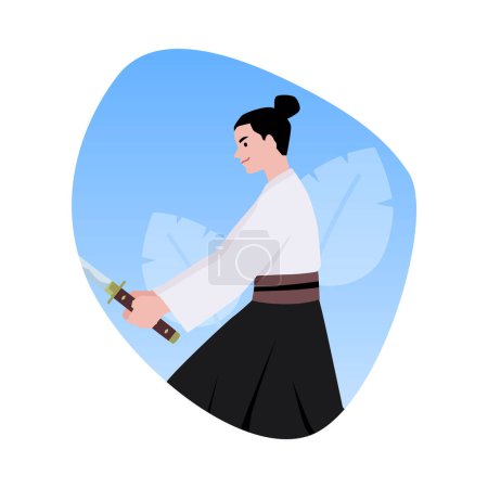 Eine Vektorillustration in flachem Stil, die eine Samurai-Seitenansicht in Kampfpose mit einem Katana in den Händen in einem traditionellen Kimono auf blauem Hintergrund zeigt