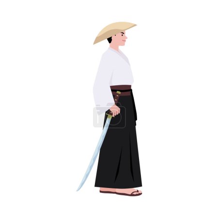 Illustration for A vector illustration in a cartoon flat style depicting a samurai side view in a traditional kimono with a bamboo headdress with a blade on a white background. - Royalty Free Image