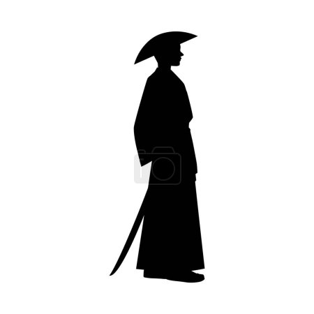 Illustration for Vector illustration with a black silhouette with a samurai warrior side view in a traditional kimono with a katana and a headdress on a white background - Royalty Free Image