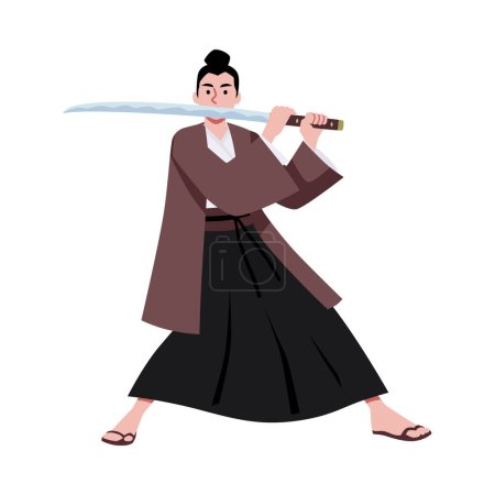 Eine Vektorillustration im Cartoon-Flach-Stil, die einen Samurai in Kampfpose mit einem Katana in den Händen in einem traditionellen Kimono auf weißem Hintergrund zeigt.