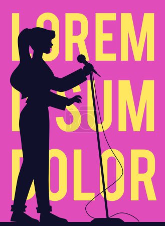 Un póster vectorial con un espacio vacío para el texto y una silueta negra de un comediante de stand-up actuando en un espectáculo de comedia, monólogo humorístico en el escenario moderno