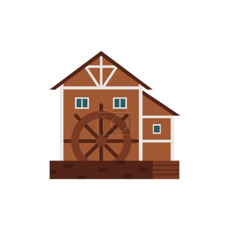 Molino de agua vector ilustración plana. Edificio de molino rural retro, torre marrón con rueda de madera. Arquitectura rural vintage, agricultura agricultura construcción para moler harina aislada en blanco