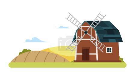 Windmill in a wheat field vector flat illustration. Retro rural mill building, wooden tower with propeller. Vintage countryside architecture, agriculture farming construction for milling flour