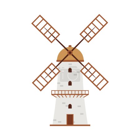 Eine traditionelle europäische Windmühle, die Weizen zu Mehl mahlt. Vektor-Illustration im flachen Cartoon-Stil, ideal für landwirtschaftliche Motive. Isolierter Hintergrund.