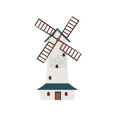 Traditionelle europäische Windmühle, Vektorillustration, die ein Steingebäude auf einem isolierten Hintergrund darstellt, das für die Gestaltung zum Thema Landwirtschaft verwendet werden kann. Flacher Cartoon-Stil.