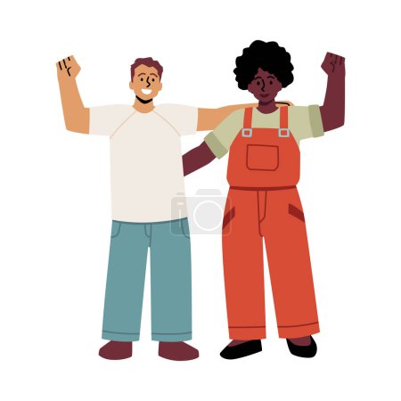 Diverse people stick together, multicultural group vector flat illustration. Cartoon demonstration Human rights male characters, fists up. Community society tolerance, equal rights, liberation protest