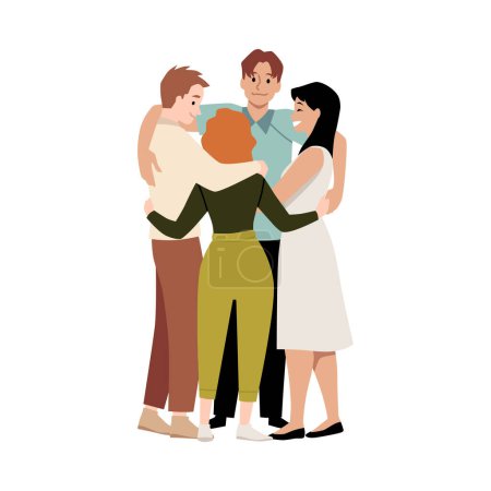 Young people group hug vector flat illustration. Cartoon happy men and women hugging together. Support team of teenagers friends embracing in circle isolated on white background