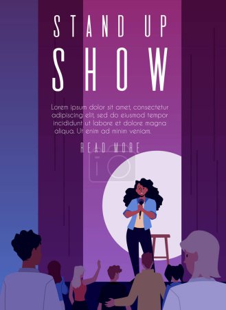 Comedian artist woman with microphone perform stand-up comedy show on stage. Live public speaker in club. Flat vector poster announcement design. Audience listening to jokes, humor monologue