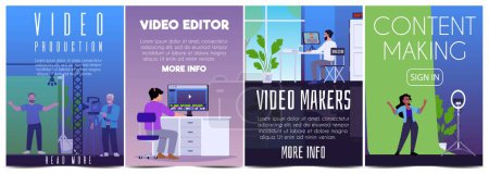 Video production, multimedia and film industry. Cartoon posters set of making video content, video editor and maker. Social media, Live broadcast vector landing page templates