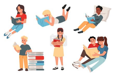 Set of diverse people enjoying reading. Vector illustrations of individuals and couples immersed in books, in various relaxed poses