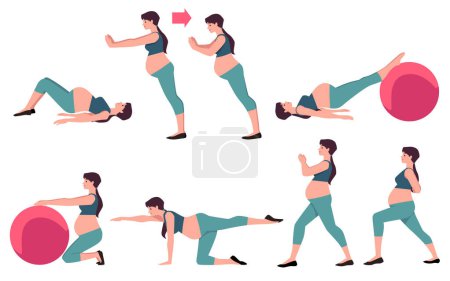 Pregnancy exercises set. Pregnant woman doing sport workout with fit ball. Yoga or fitness training for pregnant. Healthy lifestyle. Vector flat illustrations isolated on white background