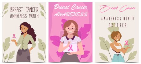 Breast Cancer Awareness Month banners. Set of vector illustrations with women, pink ribbons, and foliage promoting health and support.
