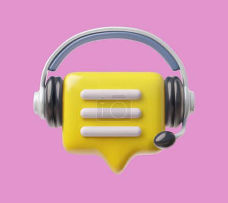 Stylish 3D chatbot icon with headphones and a speech bubble, crafted in vibrant yellow against a pink background. Vector illustration symbolizes interactive communication and customer support services