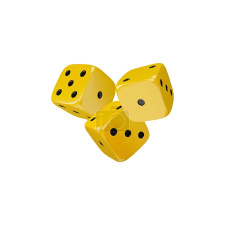 Three game dice falling realistic 3d vector icon. Yellow cubes with black dots render illustration isolated. Gambling games volume design. Casino and betting, craps and poker, tabletop or board games