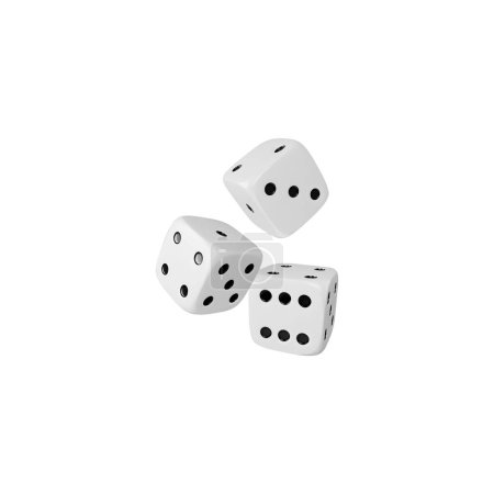 Three game dice falling realistic 3d icon. White cubes with black dots vector render illustration isolated. Gambling games volume design. Casino and betting, craps and poker, tabletop or board games
