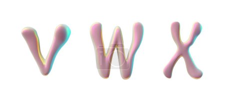 Y2K, jeu d'icônes 3D. Illustration vectorielle de lettres fluides V, W, X avec une finition holographique, canalisant les tendances de design vibrantes et expressives de la fin des années 90 et du début du XXe siècle
