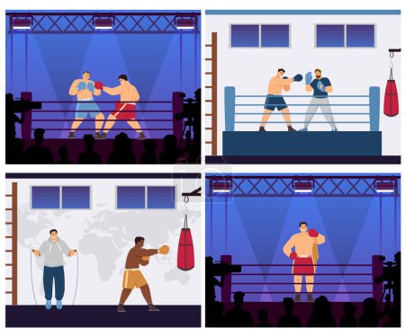 Boxing-themed vector illustration set. Scenes depict boxers sparring in the ring, training in the gym, and performing for a crowd. Captures the sports competitive spirit and intensity