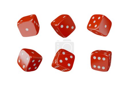 A set of red dice with a variety of numbers facing up, presented as a 3D icon vector illustration for gaming and probability.