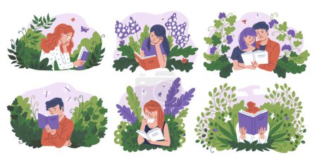 Young people reading a book with enjoy and great interest. Cartoon booklover characters vector illustration set isolated on floral decoration. Education, hobby leisure, self development concept