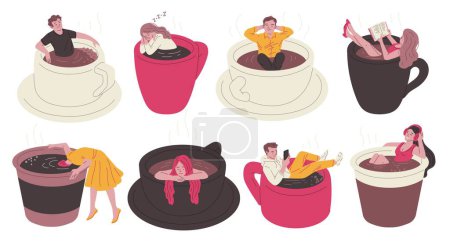 Un ensemble vectoriel fantaisiste mettant en vedette des personnes immergées dans des tasses à café, se livrant à diverses activités de loisirs, respirant une ambiance confortable et détendue.