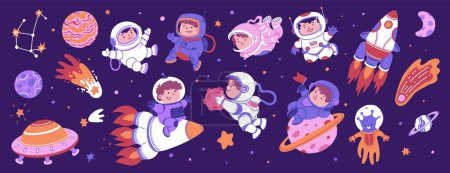 Ilustración de Niños juguetones en trajes de astronauta explorando el espacio. El conjunto de ilustración vectorial cuenta con niños con cohetes, planetas y estrellas en una escena caprichosa del espacio exterior - Imagen libre de derechos