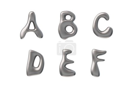 3D glänzende silberne Buchstaben A B C D E F mit flüssiger Metalloberflächenvektordarstellung. Volume y2k Schriftart. Realistische geschmolzene Großbuchstaben aus Stahl. Chromblase Alphabet, 3D-Ballon stilisierter Text