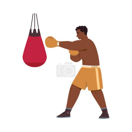 Ilustración del vector de entrenamiento de boxeo. Un boxeador en pantalones cortos naranjas golpea un saco de boxeo rojo. La escena destaca la práctica y preparación para el boxeo, enfatizando la técnica y el atletismo.